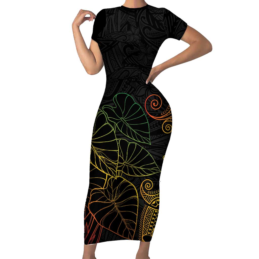 Aloha Hawaii Kalo Short Sleeve Bodycon Dress Reggae Taro Polynesian Pattern LT14 Long Dress Black - Polynesian Pride