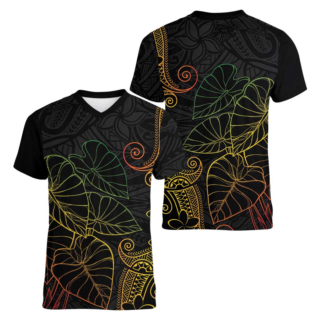 Aloha Hawaii Kalo Women V-Neck T-Shirt Reggae Taro Polynesian Pattern - Polynesian Pride