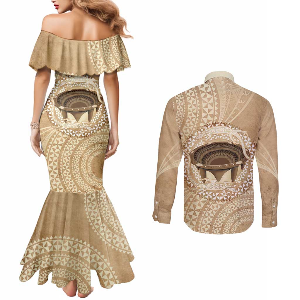 Tonga Skink Kava Bowl Couples Matching Mermaid Dress and Long Sleeve Button Shirt Vintage Tongan Ngatu Pattern