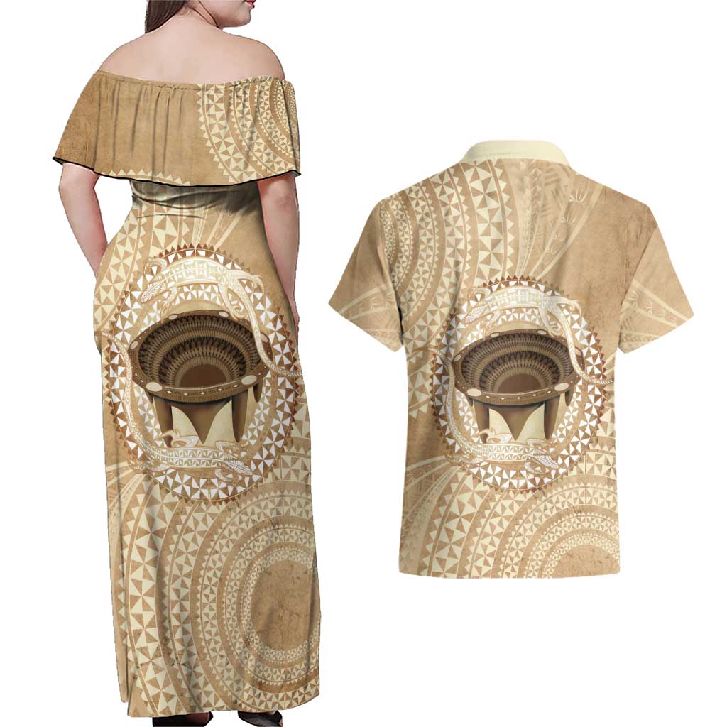 Tonga Skink Kava Bowl Couples Matching Off Shoulder Maxi Dress and Hawaiian Shirt Vintage Tongan Ngatu Pattern