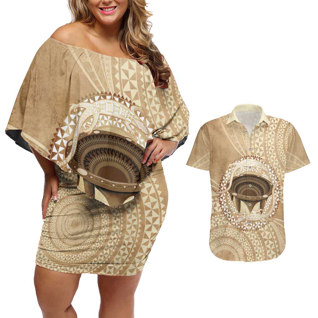 Tonga Skink Kava Bowl Couples Matching Off Shoulder Short Dress and Hawaiian Shirt Vintage Tongan Ngatu Pattern