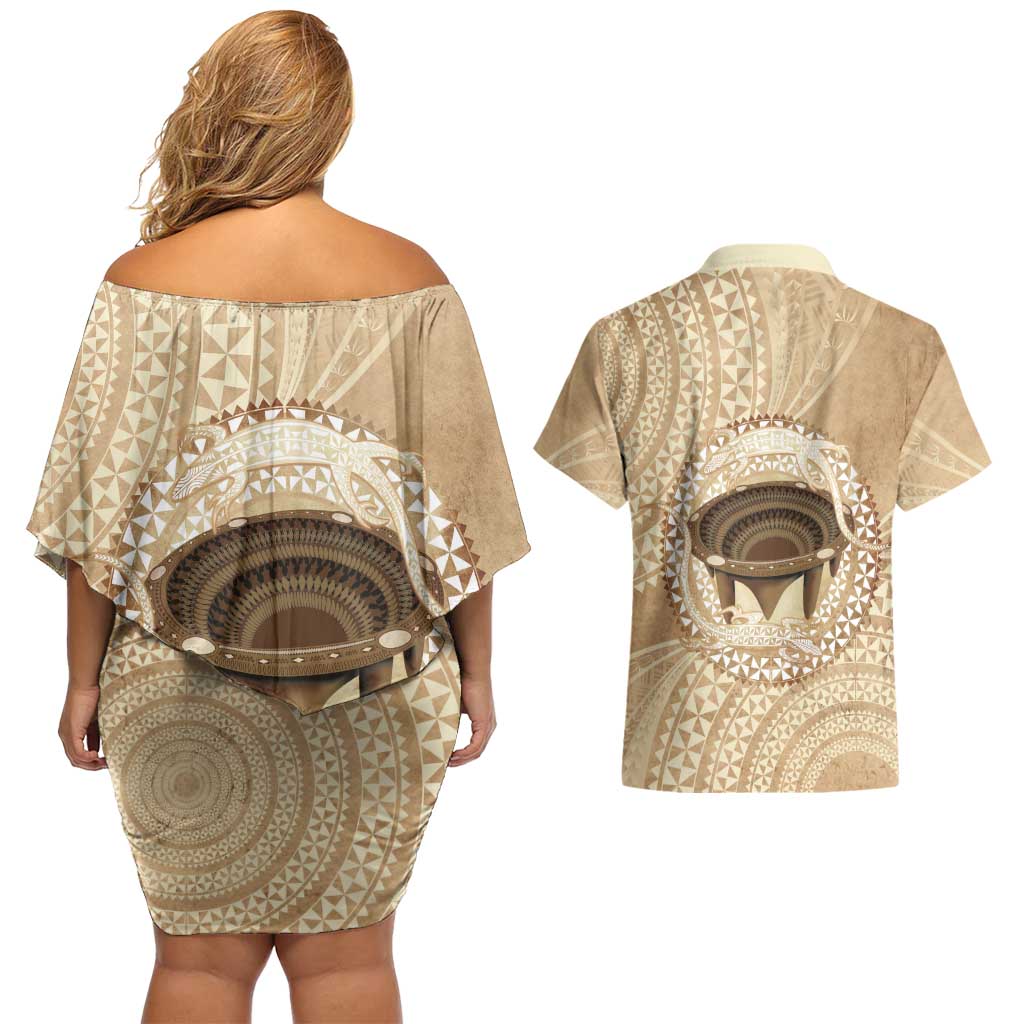 Tonga Skink Kava Bowl Couples Matching Off Shoulder Short Dress and Hawaiian Shirt Vintage Tongan Ngatu Pattern
