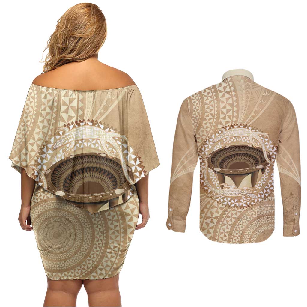 Tonga Skink Kava Bowl Couples Matching Off Shoulder Short Dress and Long Sleeve Button Shirt Vintage Tongan Ngatu Pattern