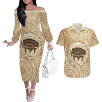 Tonga Skink Kava Bowl Couples Matching Off The Shoulder Long Sleeve Dress and Hawaiian Shirt Vintage Tongan Ngatu Pattern