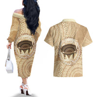 Tonga Skink Kava Bowl Couples Matching Off The Shoulder Long Sleeve Dress and Hawaiian Shirt Vintage Tongan Ngatu Pattern