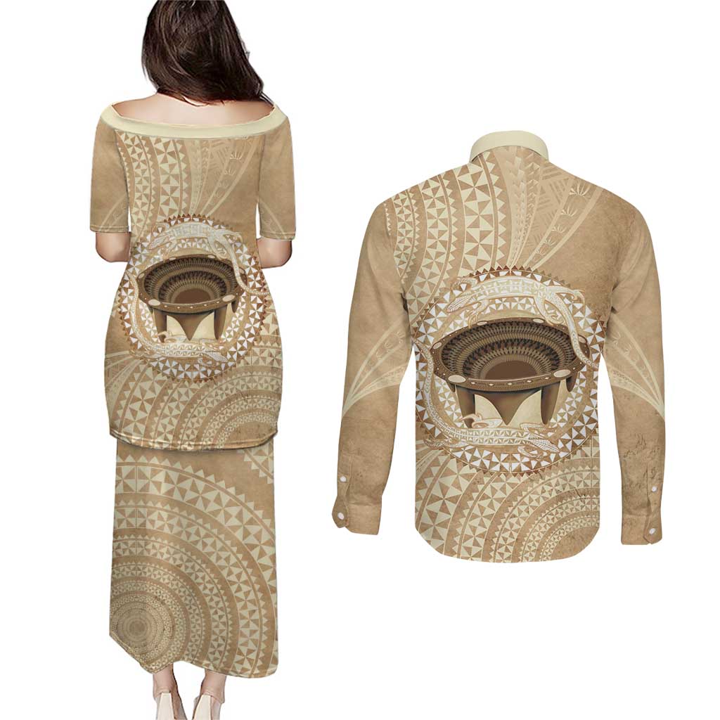 Tonga Skink Kava Bowl Couples Matching Puletasi and Long Sleeve Button Shirt Vintage Tongan Ngatu Pattern