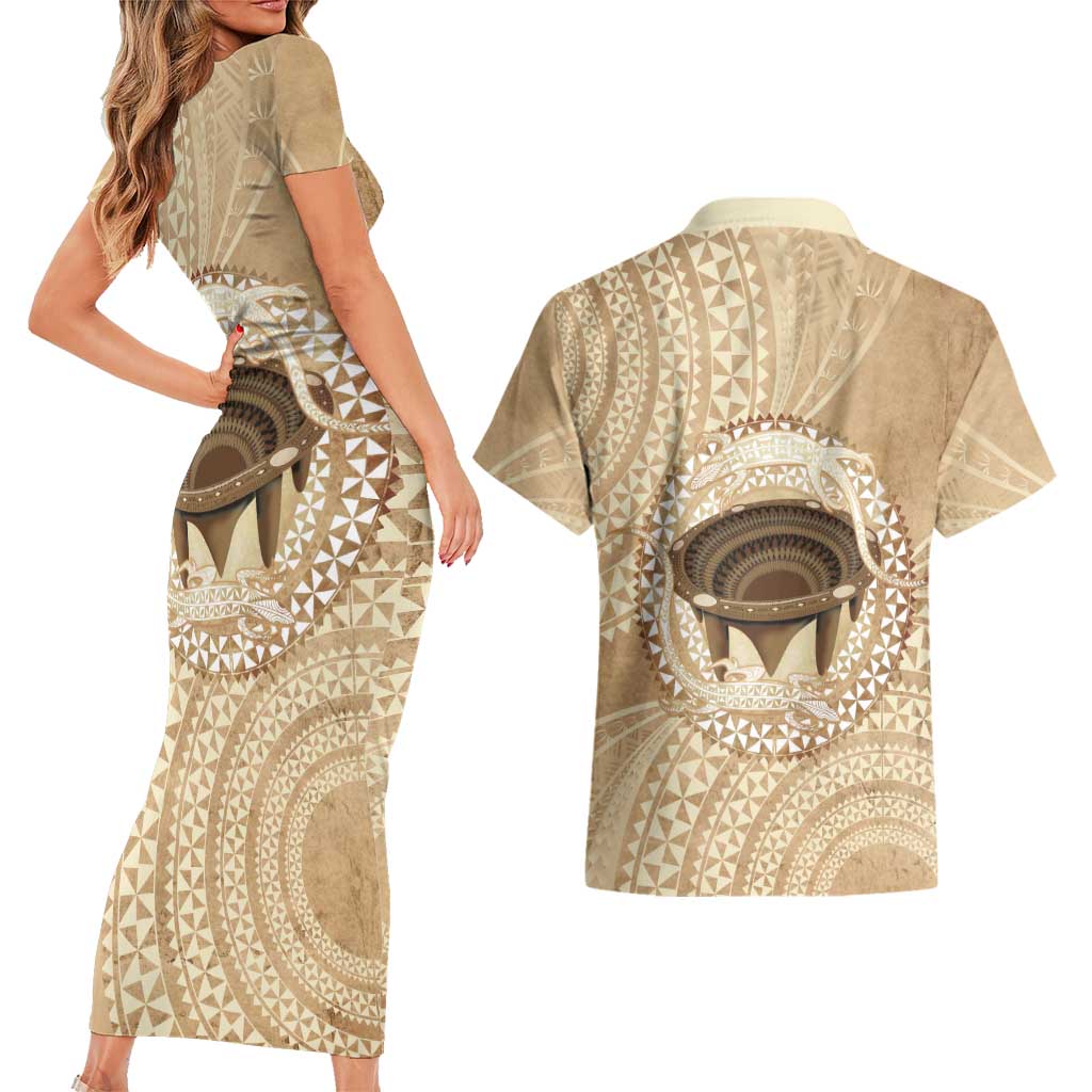 Tonga Skink Kava Bowl Couples Matching Short Sleeve Bodycon Dress and Hawaiian Shirt Vintage Tongan Ngatu Pattern