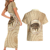 Tonga Skink Kava Bowl Couples Matching Short Sleeve Bodycon Dress and Hawaiian Shirt Vintage Tongan Ngatu Pattern