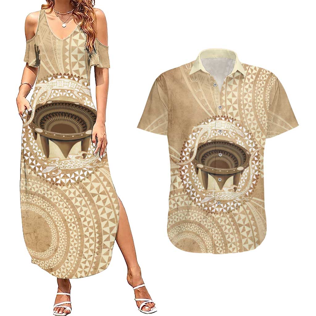Tonga Skink Kava Bowl Couples Matching Summer Maxi Dress and Hawaiian Shirt Vintage Tongan Ngatu Pattern