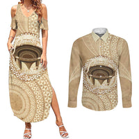 Tonga Skink Kava Bowl Couples Matching Summer Maxi Dress and Long Sleeve Button Shirt Vintage Tongan Ngatu Pattern
