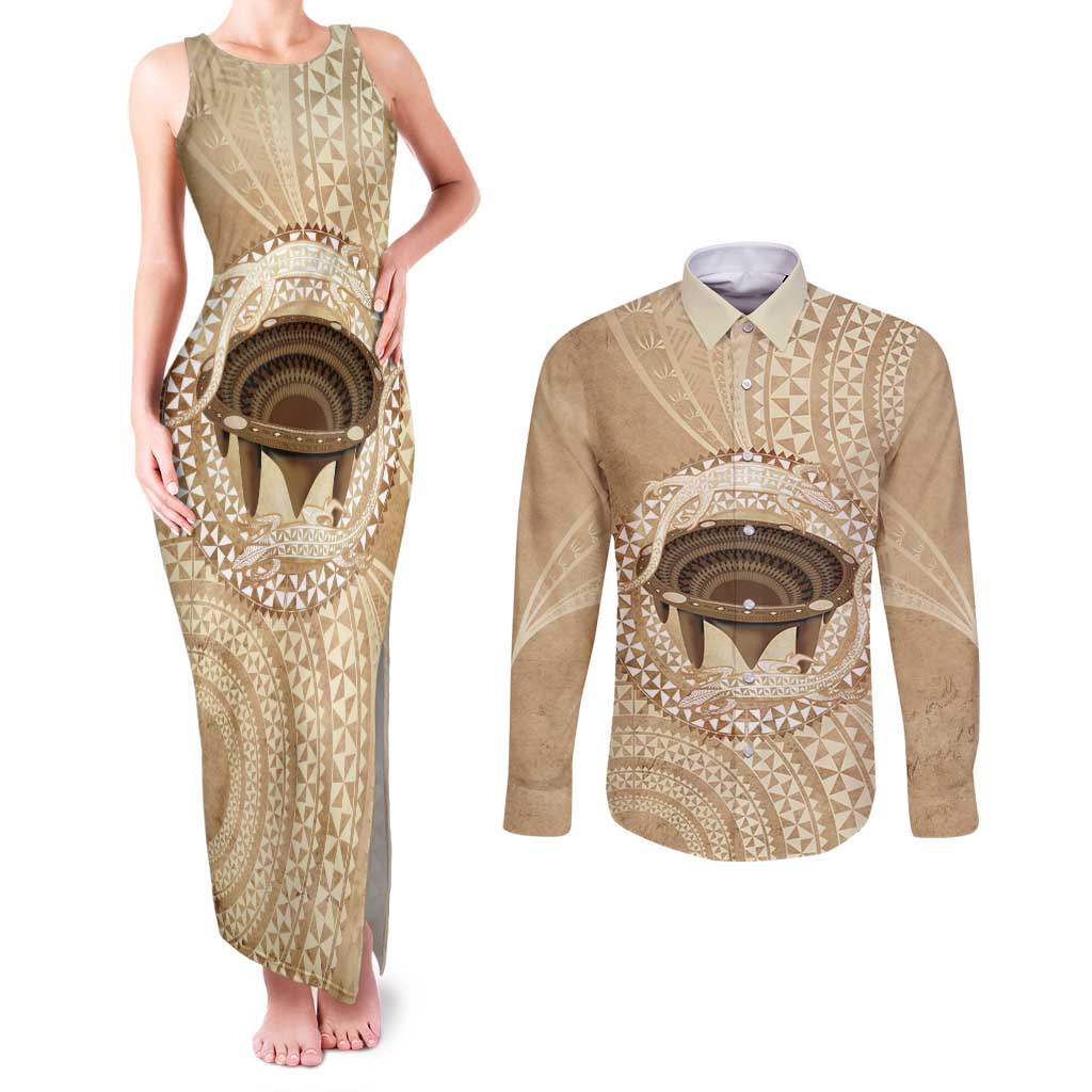 Tonga Skink Kava Bowl Couples Matching Tank Maxi Dress and Long Sleeve Button Shirt Vintage Tongan Ngatu Pattern