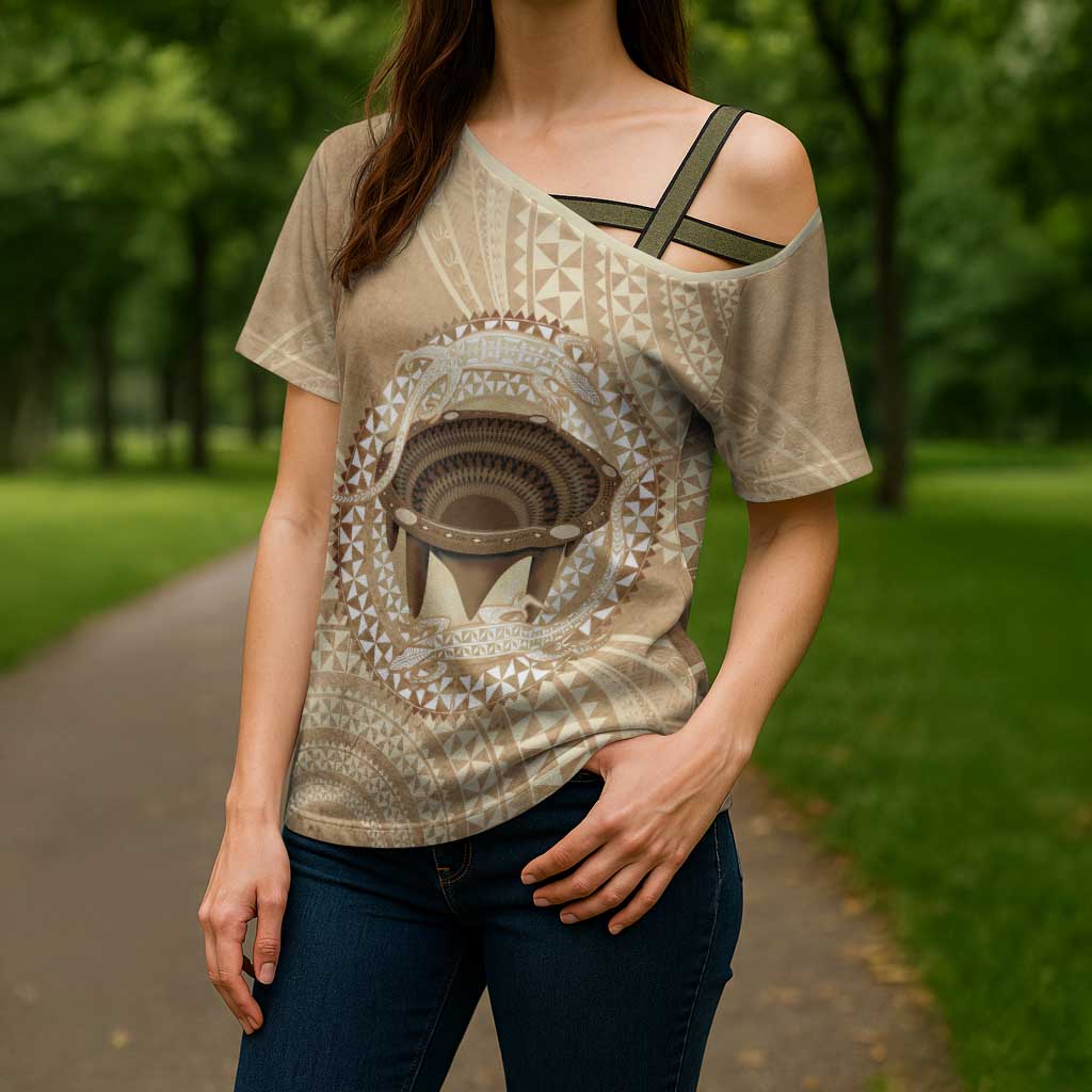 Tonga Skink Kava Bowl Cross Shoulder Shirt Vintage Tongan Ngatu Pattern