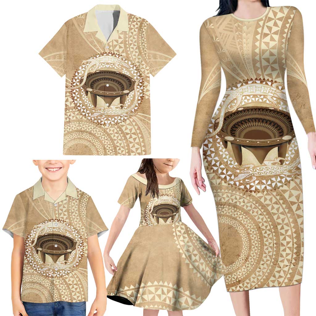 Tonga Skink Kava Bowl Family Matching Long Sleeve Bodycon Dress and Hawaiian Shirt Vintage Tongan Ngatu Pattern