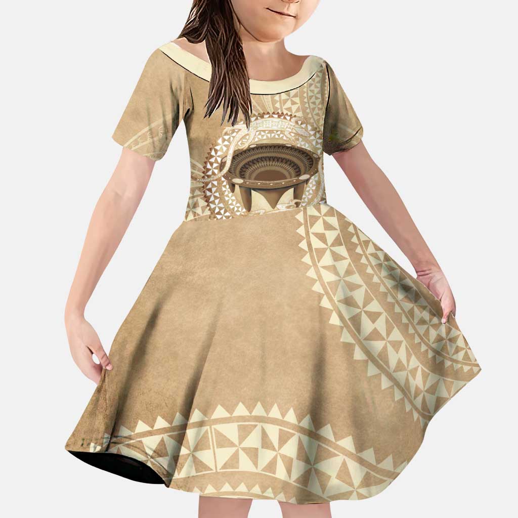 Tonga Skink Kava Bowl Family Matching Off The Shoulder Long Sleeve Dress and Hawaiian Shirt Vintage Tongan Ngatu Pattern LT14 Daughter's Dress Brown - Polynesian Pride