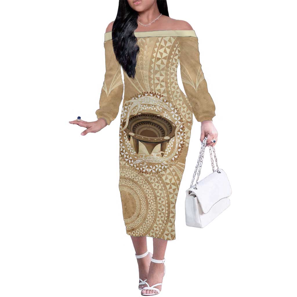 Tonga Skink Kava Bowl Family Matching Off The Shoulder Long Sleeve Dress and Hawaiian Shirt Vintage Tongan Ngatu Pattern LT14 Mom's Dress Brown - Polynesian Pride