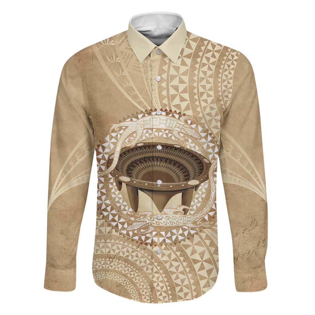 Tonga Skink Kava Bowl Family Matching Off Shoulder Short Dress and Hawaiian Shirt Vintage Tongan Ngatu Pattern LT14 Dad's Shirt - Long Sleeve Brown - Polynesian Pride
