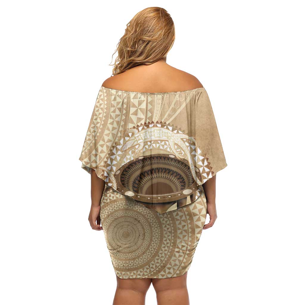 Tonga Skink Kava Bowl Family Matching Off Shoulder Short Dress and Hawaiian Shirt Vintage Tongan Ngatu Pattern LT14 - Polynesian Pride