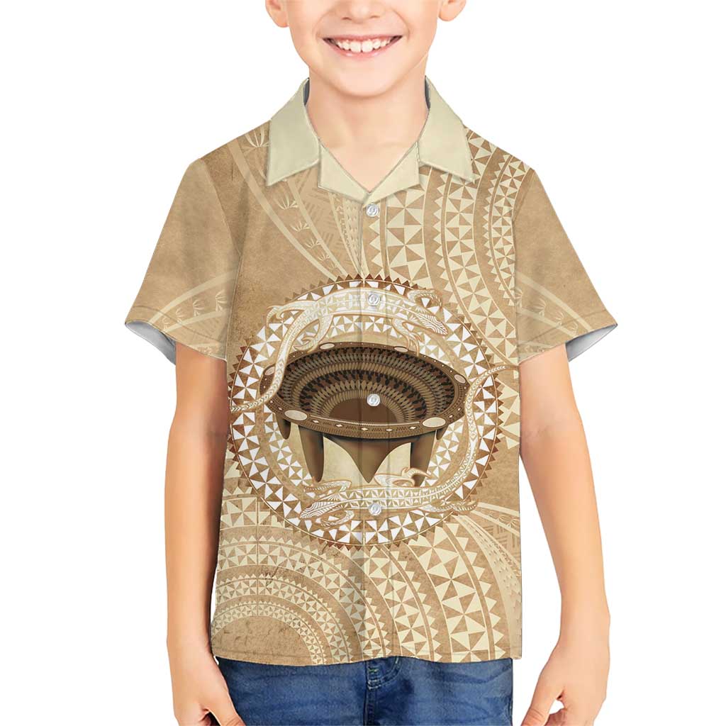 Tonga Skink Kava Bowl Family Matching Off Shoulder Short Dress and Hawaiian Shirt Vintage Tongan Ngatu Pattern LT14 Son's Shirt Brown - Polynesian Pride
