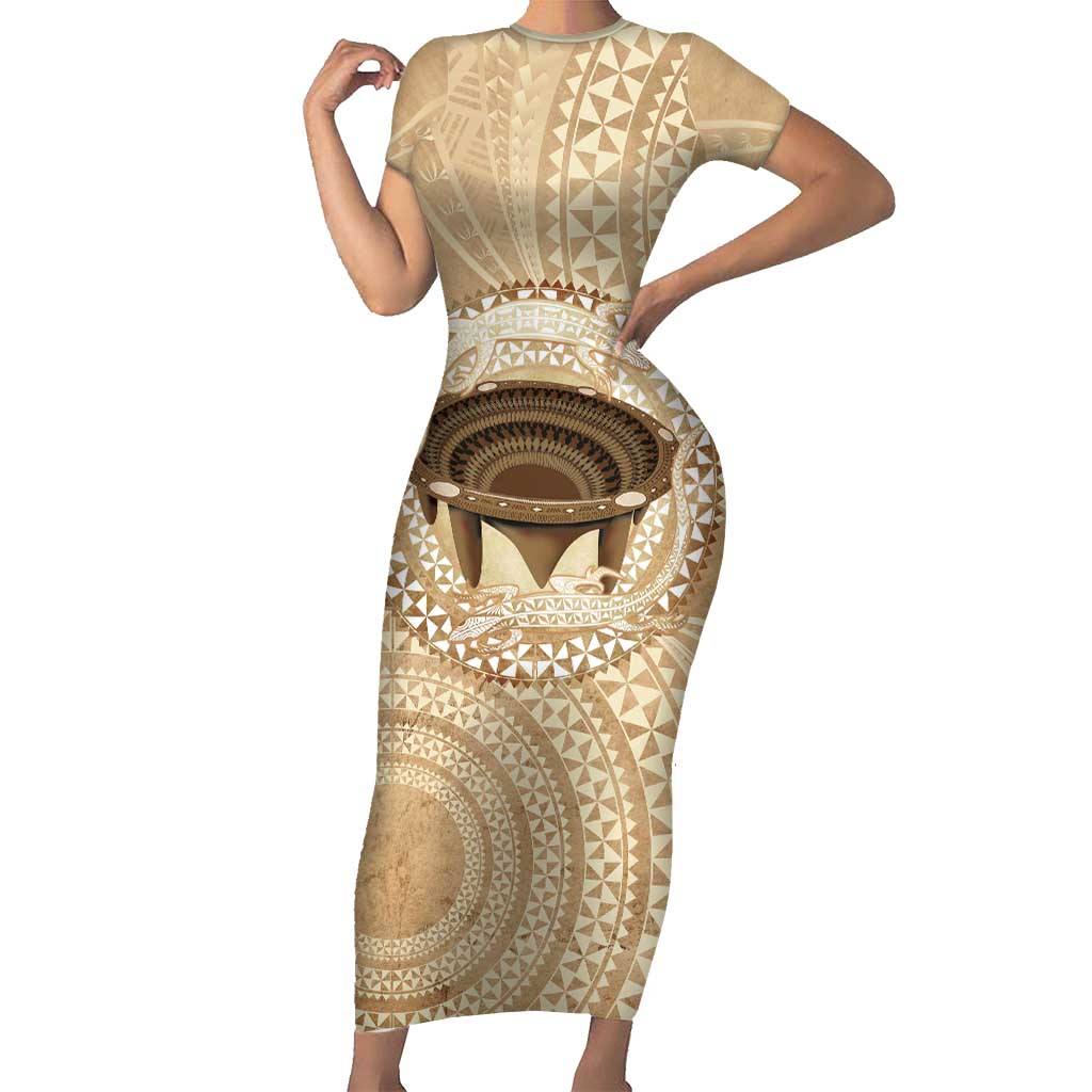 Tonga Skink Kava Bowl Family Matching Short Sleeve Bodycon Dress and Hawaiian Shirt Vintage Tongan Ngatu Pattern LT14 Mom's Dress Brown - Polynesian Pride