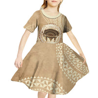 Tonga Skink Kava Bowl Kid Short Sleeve Dress Vintage Tongan Ngatu Pattern