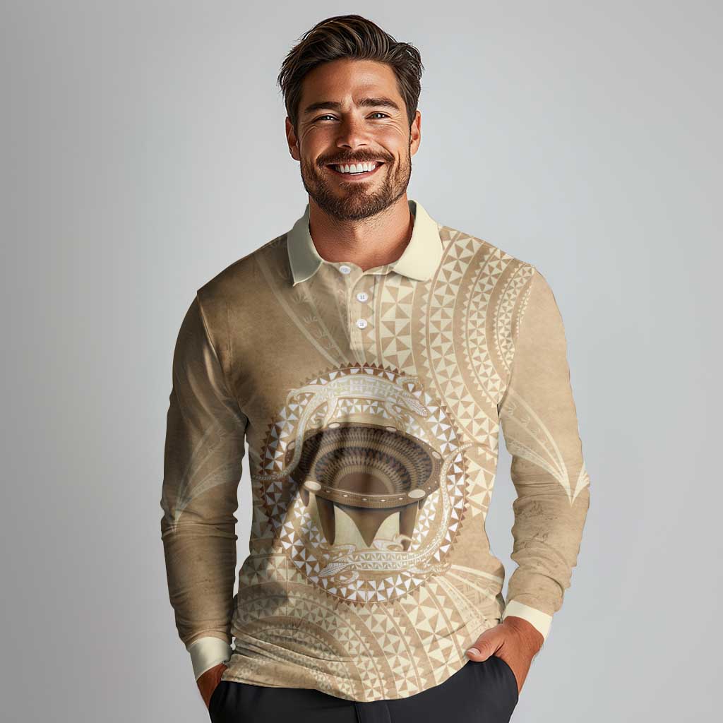 Tonga Skink Kava Bowl Long Sleeve Polo Shirt Vintage Tongan Ngatu Pattern