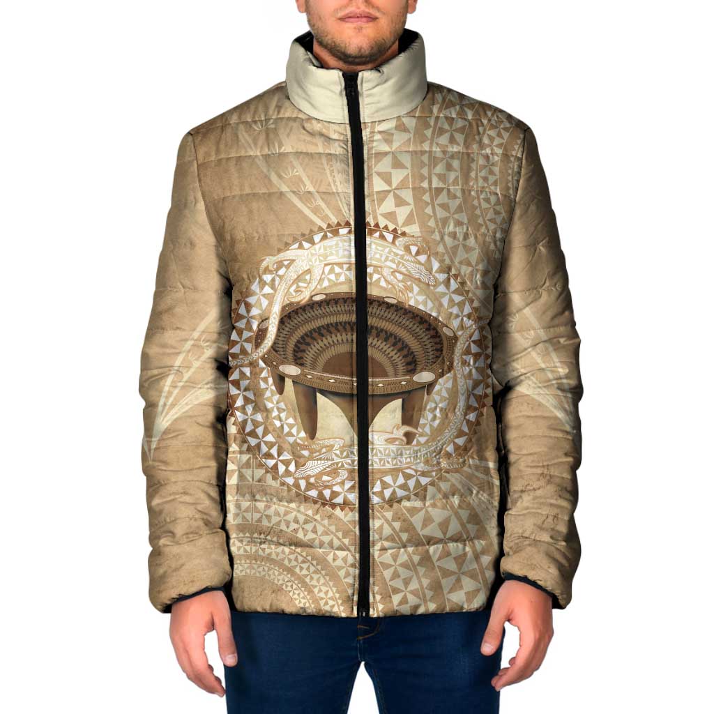 Tonga Skink Kava Bowl Padded Jacket Vintage Tongan Ngatu Pattern