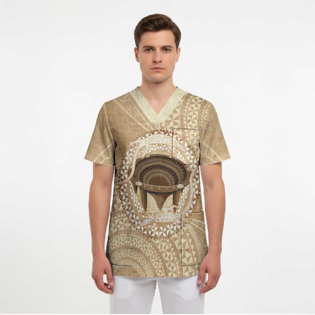 Tonga Skink Kava Bowl Scrub Top Vintage Tongan Ngatu Pattern
