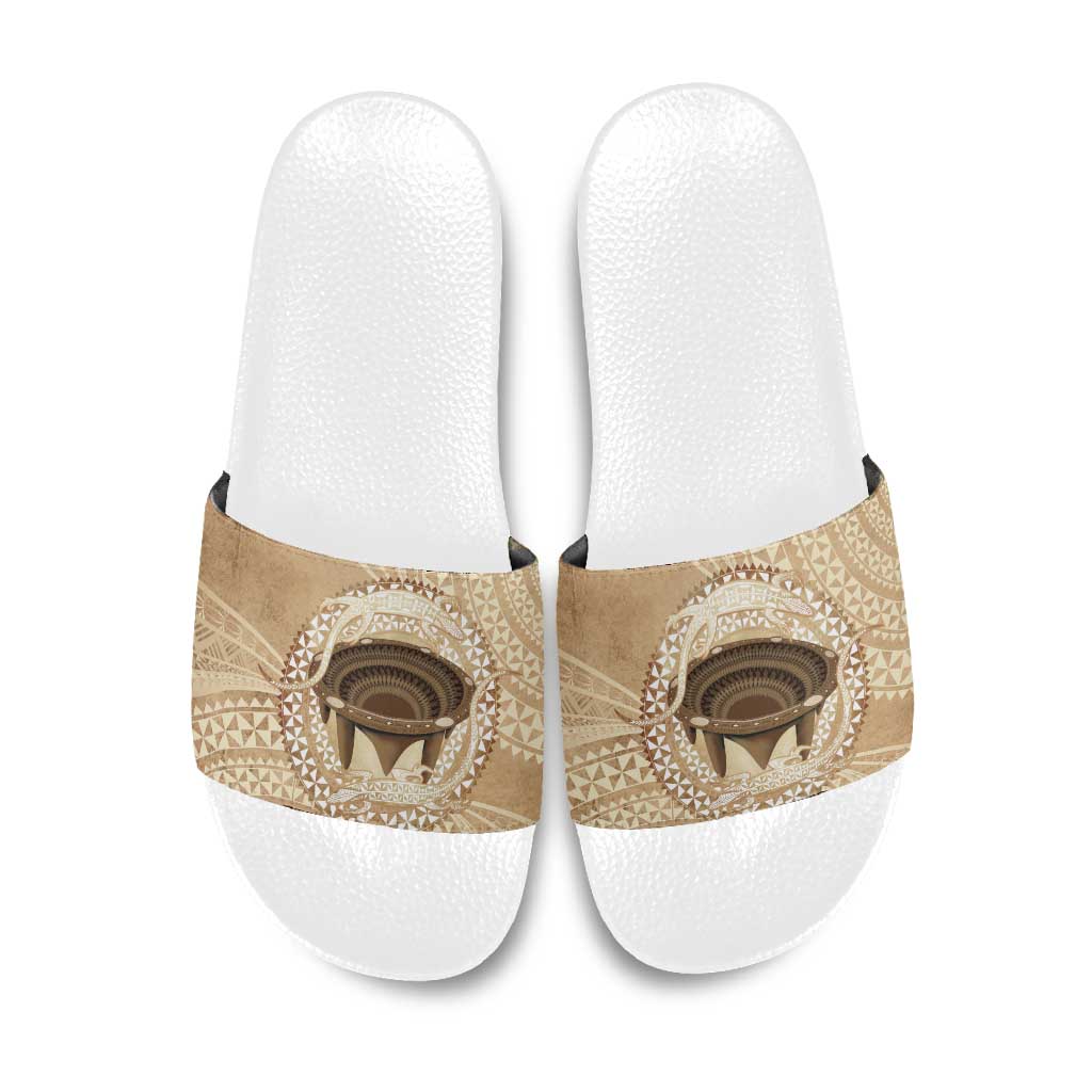 Tonga Skink Kava Bowl Slide Sandals Vintage Tongan Ngatu Pattern