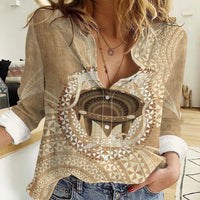 Tonga Skink Kava Bowl Women Casual Shirt Vintage Tongan Ngatu Pattern