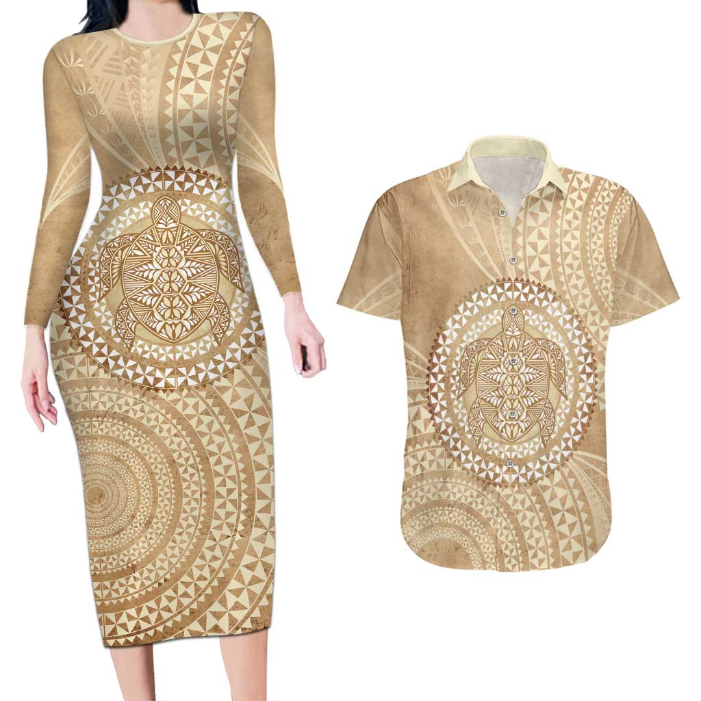 Tonga Ngatu Turtle Couples Matching Long Sleeve Bodycon Dress and Hawaiian Shirt Vintage Tongan Tapa Cloth