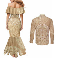 Tonga Ngatu Turtle Couples Matching Mermaid Dress and Long Sleeve Button Shirt Vintage Tongan Tapa Cloth
