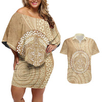 Tonga Ngatu Turtle Couples Matching Off Shoulder Short Dress and Hawaiian Shirt Vintage Tongan Tapa Cloth
