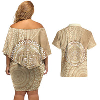 Tonga Ngatu Turtle Couples Matching Off Shoulder Short Dress and Hawaiian Shirt Vintage Tongan Tapa Cloth