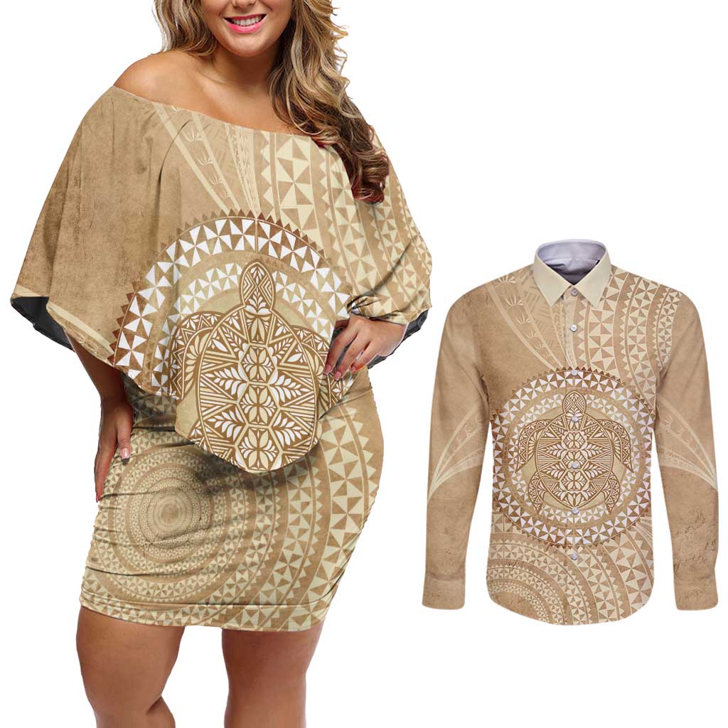 Tonga Ngatu Turtle Couples Matching Off Shoulder Short Dress and Long Sleeve Button Shirt Vintage Tongan Tapa Cloth