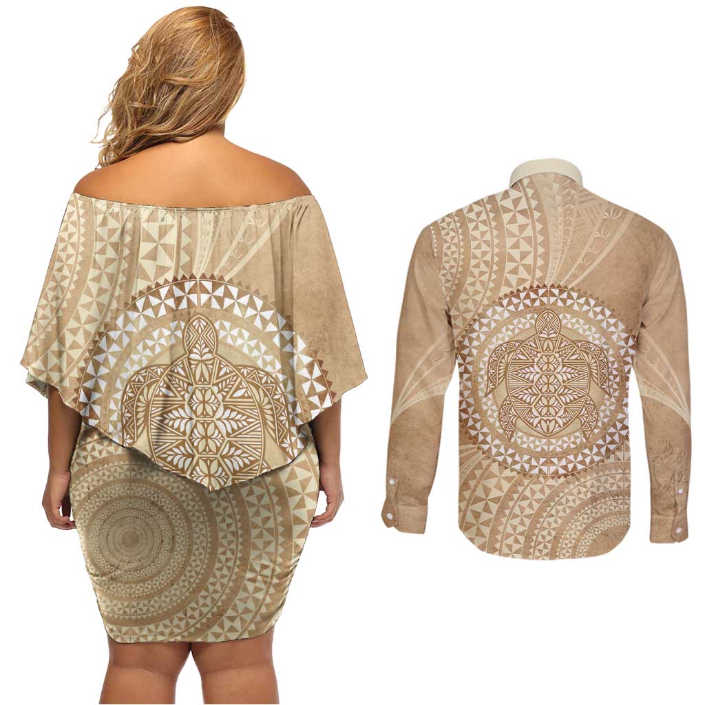 Tonga Ngatu Turtle Couples Matching Off Shoulder Short Dress and Long Sleeve Button Shirt Vintage Tongan Tapa Cloth
