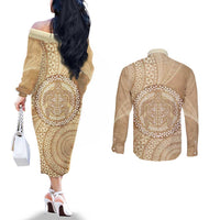 Tonga Ngatu Turtle Couples Matching Off The Shoulder Long Sleeve Dress and Long Sleeve Button Shirt Vintage Tongan Tapa Cloth
