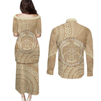 Tonga Ngatu Turtle Couples Matching Puletasi and Long Sleeve Button Shirt Vintage Tongan Tapa Cloth