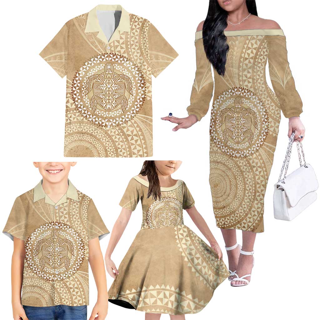 Tonga Ngatu Turtle Family Matching Off The Shoulder Long Sleeve Dress and Hawaiian Shirt Vintage Tongan Tapa Cloth LT14 - Polynesian Pride