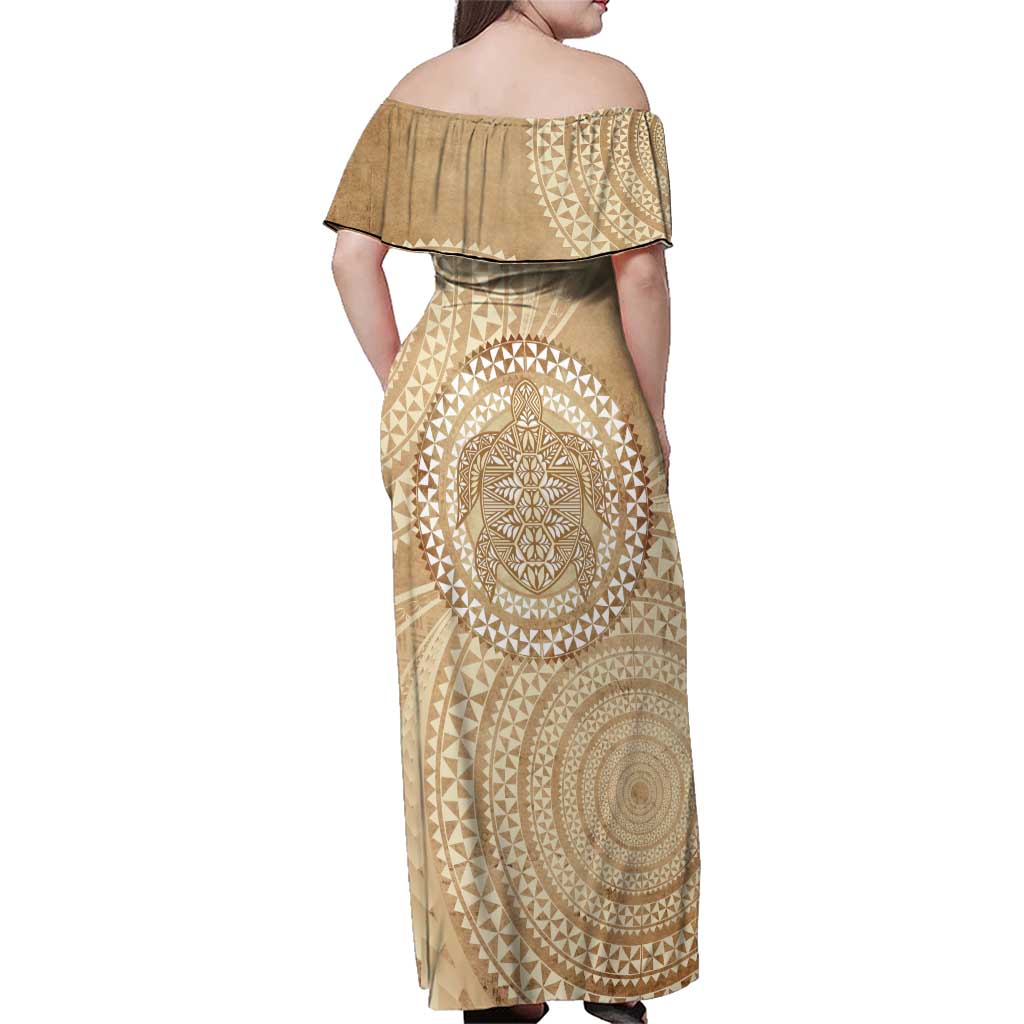 Tonga Ngatu Turtle Family Matching Off Shoulder Maxi Dress and Hawaiian Shirt Vintage Tongan Tapa Cloth LT14 - Polynesian Pride
