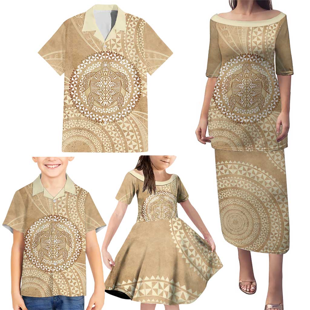 Tonga Ngatu Turtle Family Matching Puletasi and Hawaiian Shirt Vintage Tongan Tapa Cloth