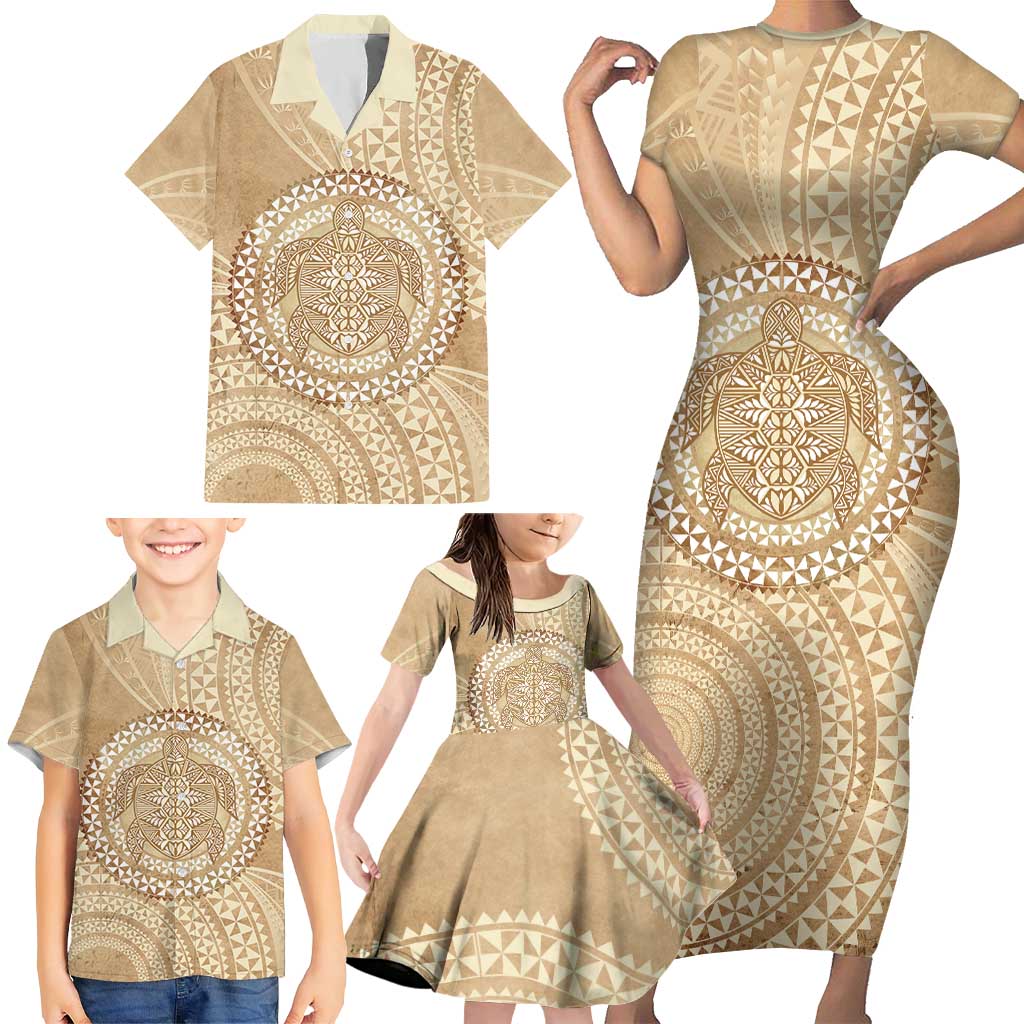 Tonga Ngatu Turtle Family Matching Short Sleeve Bodycon Dress and Hawaiian Shirt Vintage Tongan Tapa Cloth