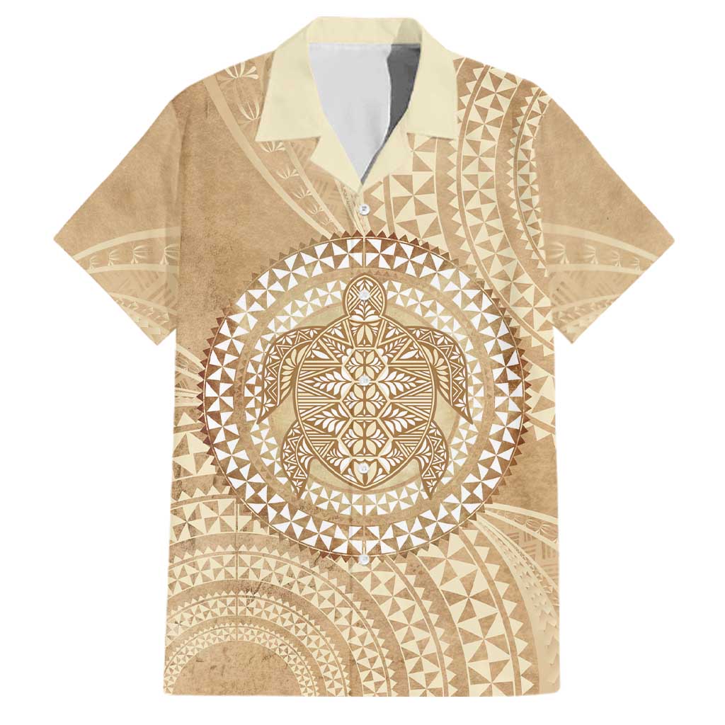 Tonga Ngatu Turtle Family Matching Short Sleeve Bodycon Dress and Hawaiian Shirt Vintage Tongan Tapa Cloth LT14 Dad's Shirt - Short Sleeve Brown - Polynesian Pride