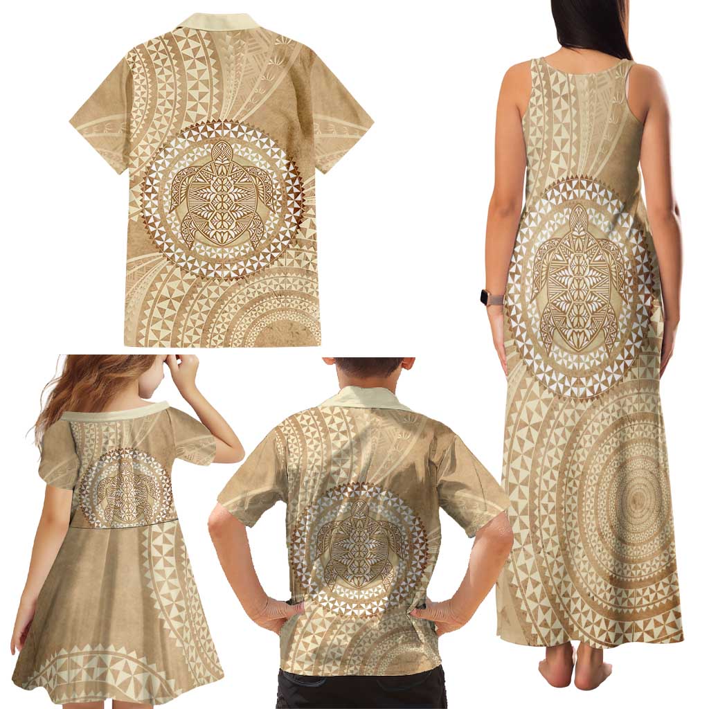 Tonga Ngatu Turtle Family Matching Tank Maxi Dress and Hawaiian Shirt Vintage Tongan Tapa Cloth LT14 - Polynesian Pride