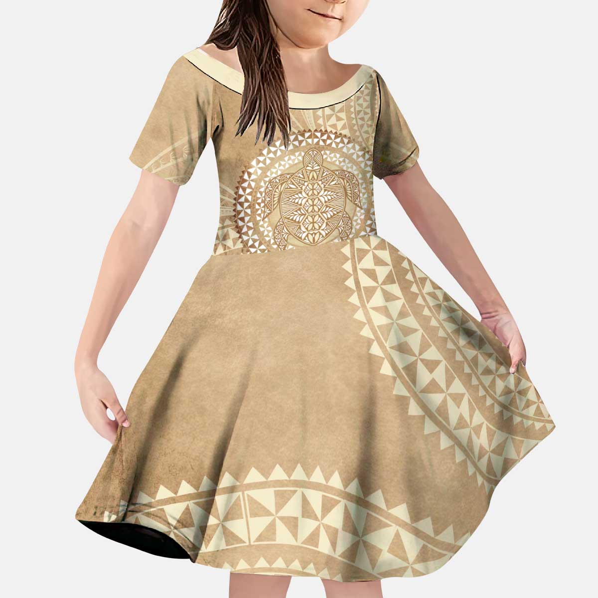 Tonga Ngatu Turtle Kid Short Sleeve Dress Vintage Tongan Tapa Cloth