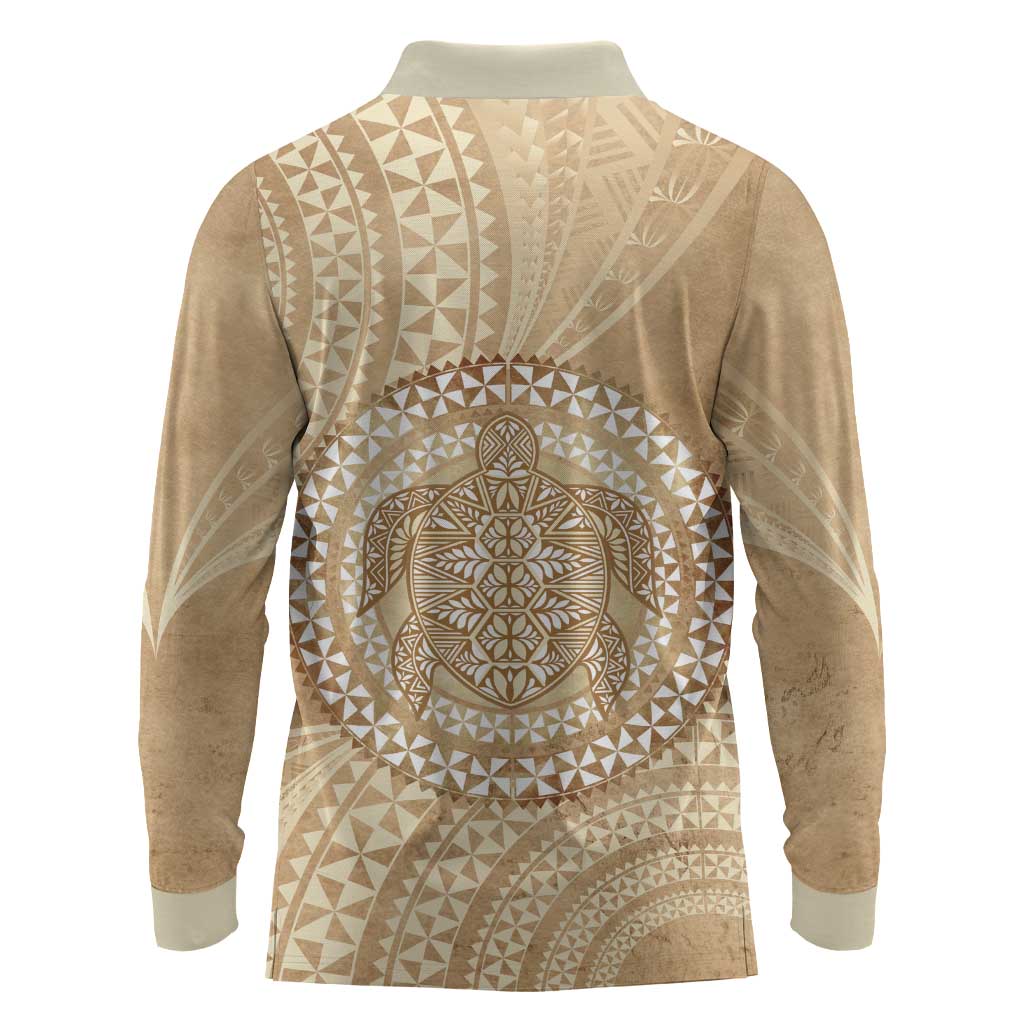 Tonga Ngatu Turtle Long Sleeve Polo Shirt Vintage Tongan Tapa Cloth