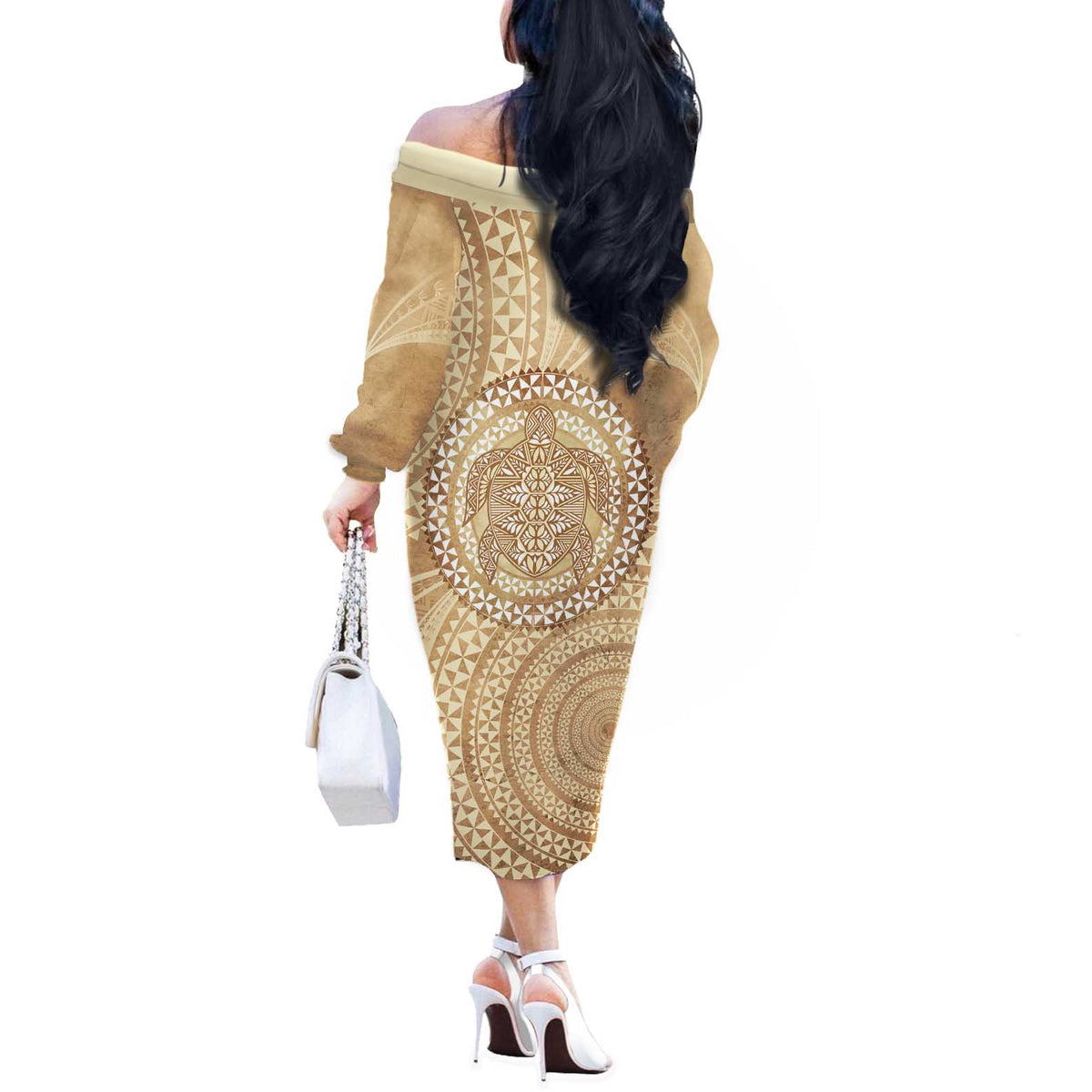 Tonga Ngatu Turtle Off The Shoulder Long Sleeve Dress Vintage Tongan Tapa Cloth