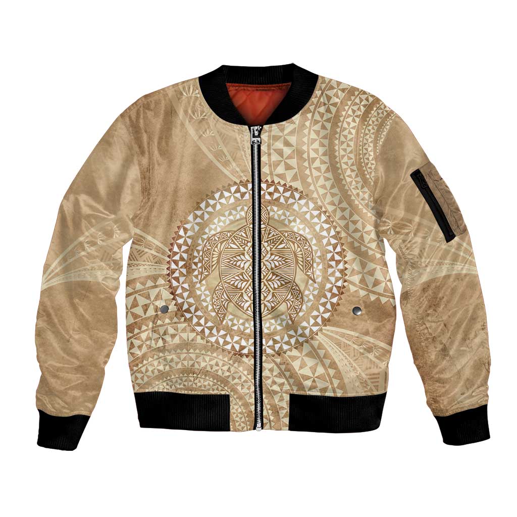 Tonga Ngatu Turtle Sleeve Zip Bomber Jacket Vintage Tongan Tapa Cloth