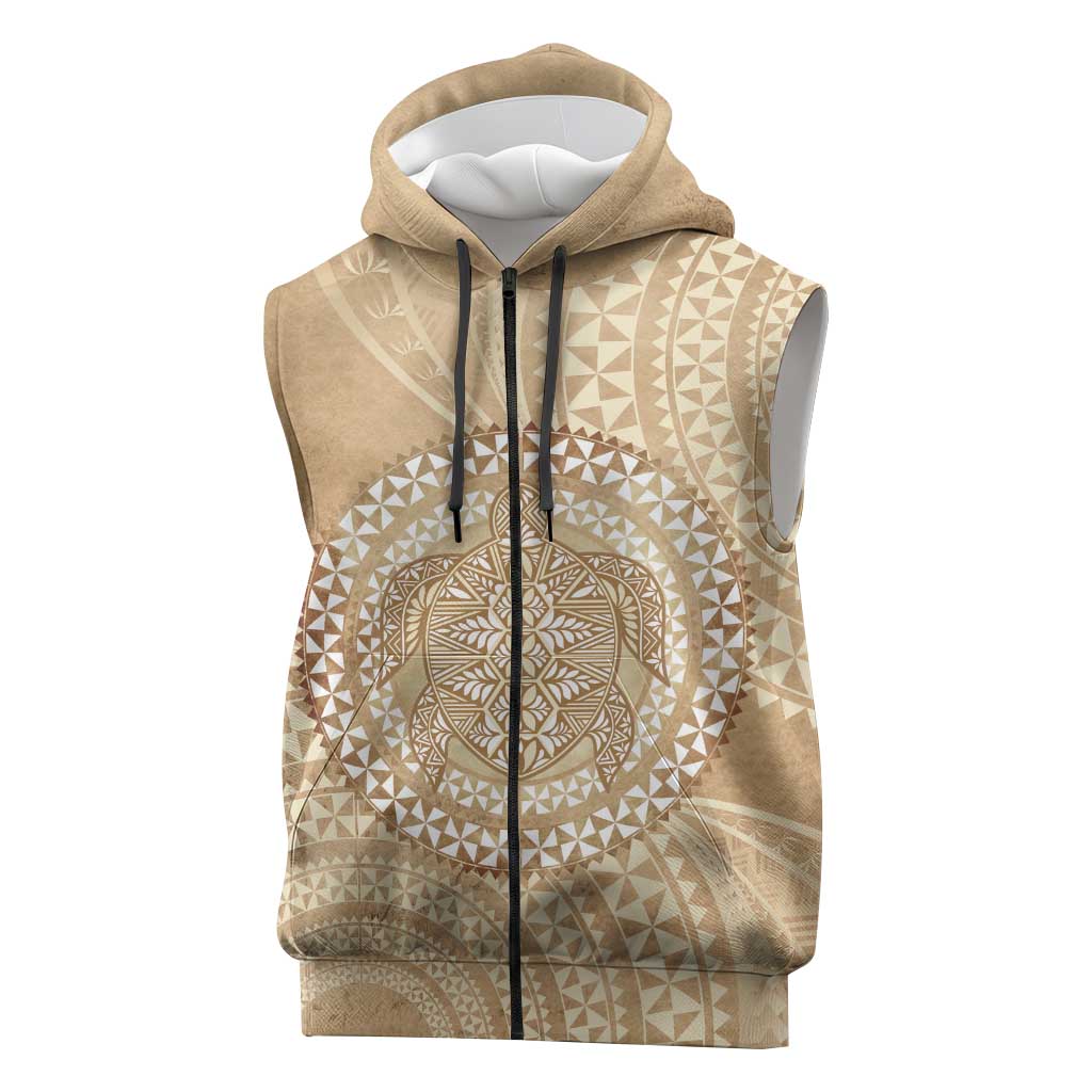 Tonga Ngatu Turtle Sleeveless Zip Hoodie Vintage Tongan Tapa Cloth