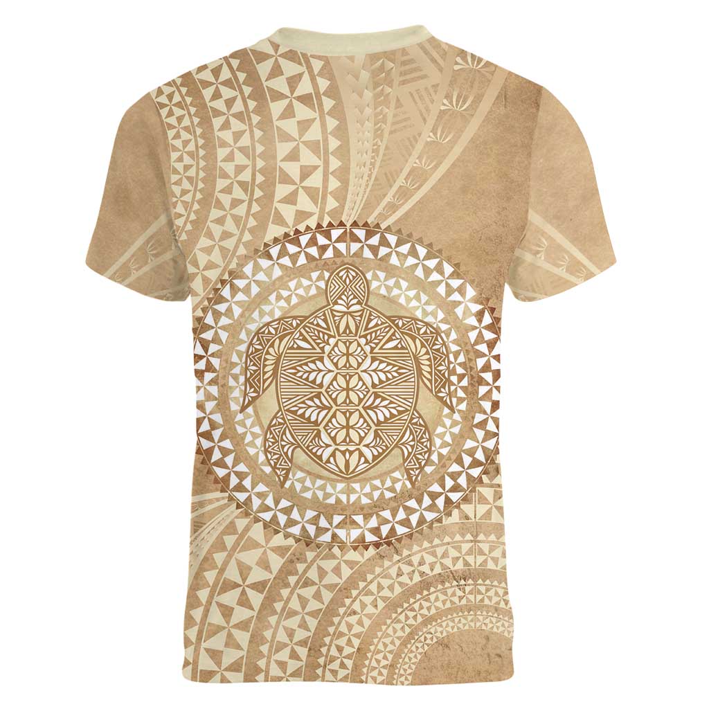 Tonga Ngatu Turtle Women V-Neck T-Shirt Vintage Tongan Tapa Cloth