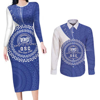Queen Salote College 100th Anniversary Personalized Couples Matching Long Sleeve Bodycon Dress and Long Sleeve Button Shirt Est 1926 Kolisi Fefine Tongan Ngatu Pattern LT14 Blue - Polynesian Pride